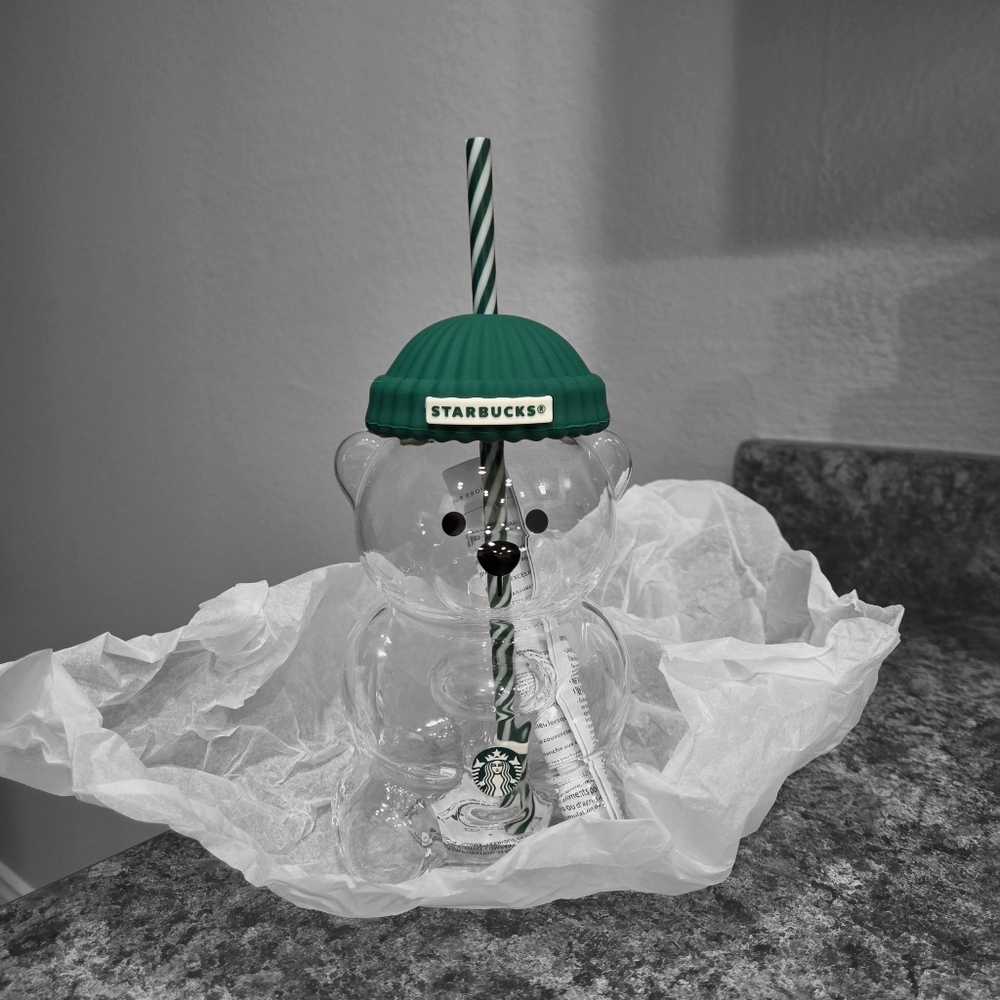 Starbucks Bear Glass with Green Lid and Straw